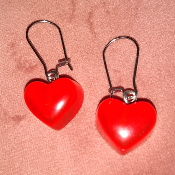 80s Retro Cherry Red Heart Candy Earrings Chunky Charm Hearts Stainless Steel - Picture 2 of 4